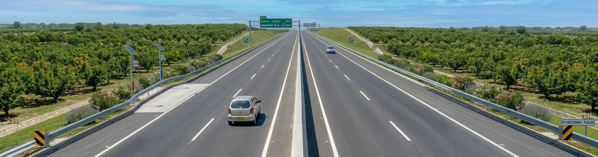 Swat Motorway photograph, dual carriageway through orchards