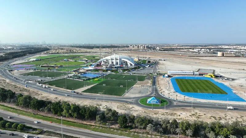Sas Al Nakhl area aerial photograph with sports fields and stadium